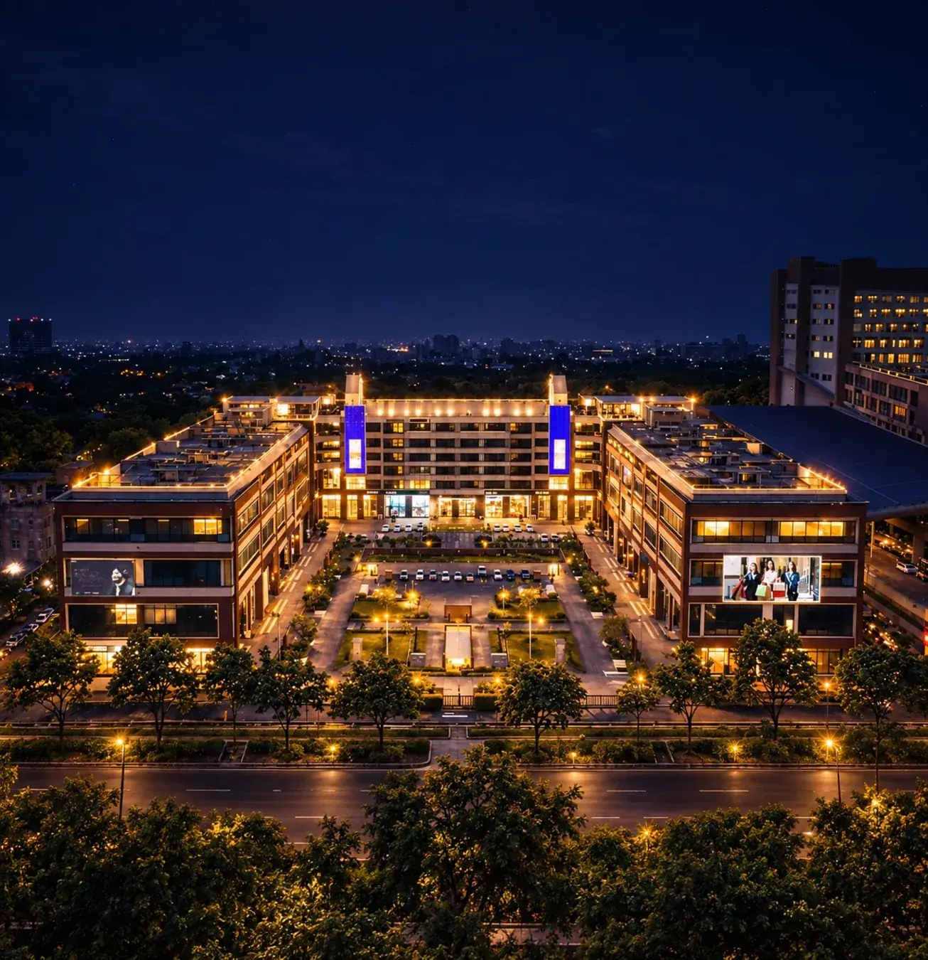 HLP Galleria lit up at night, aerial view over Sector 62, Mohali