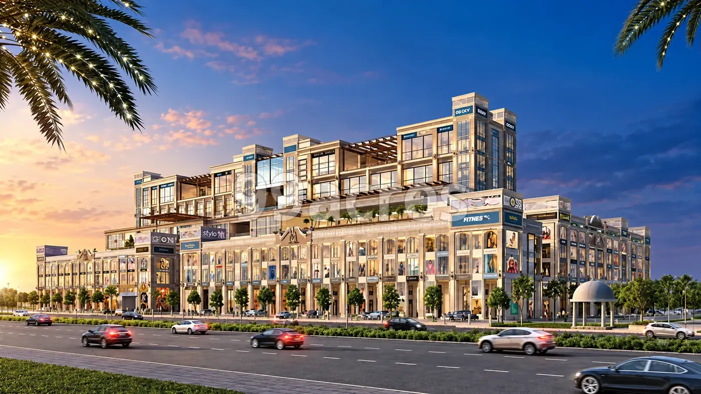 HLP Galleria commercial building at dusk, Sector 62, Mohali