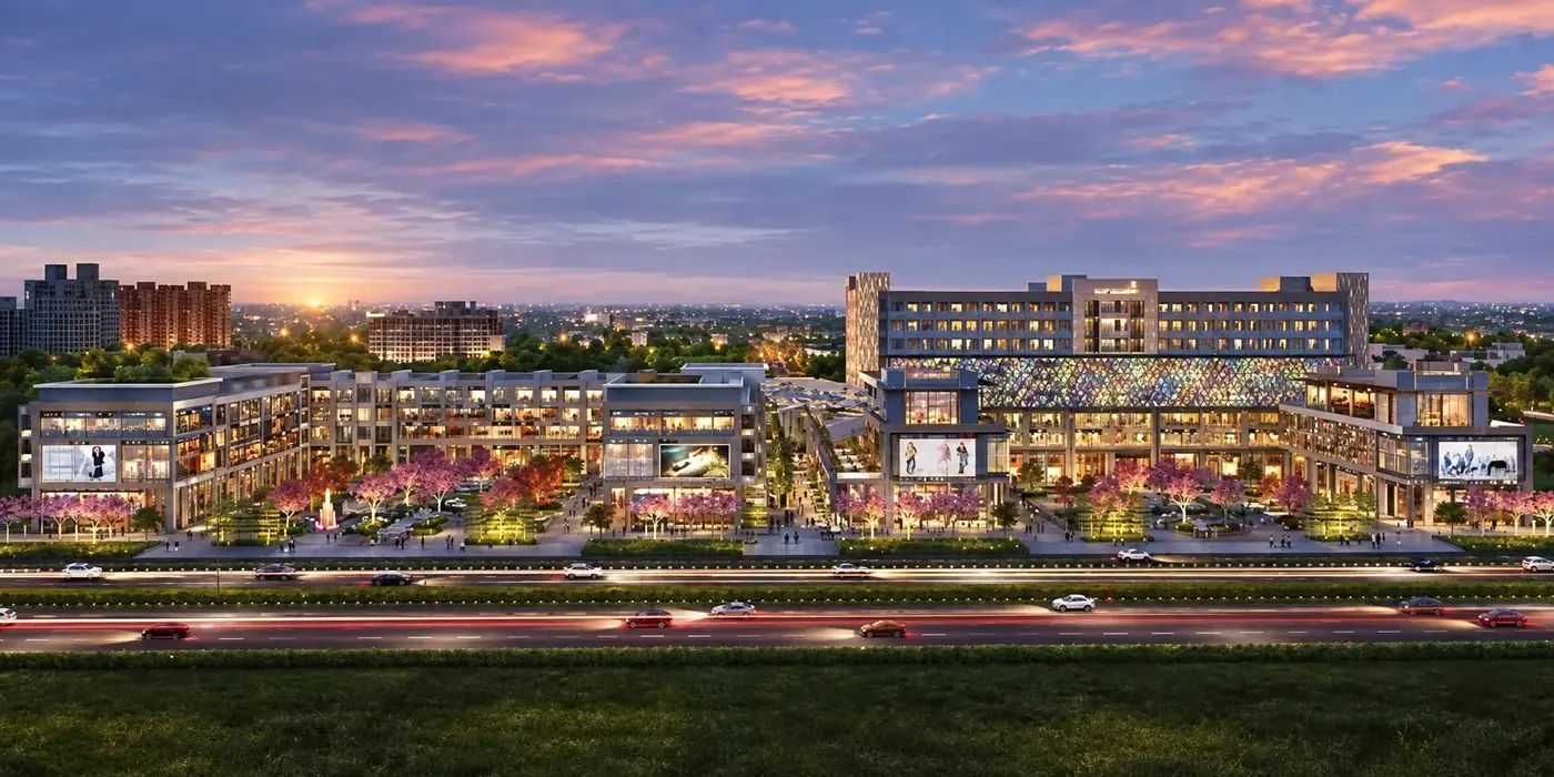 Wide dusk panorama of the HLP Galleria development, Sector 62, Mohali